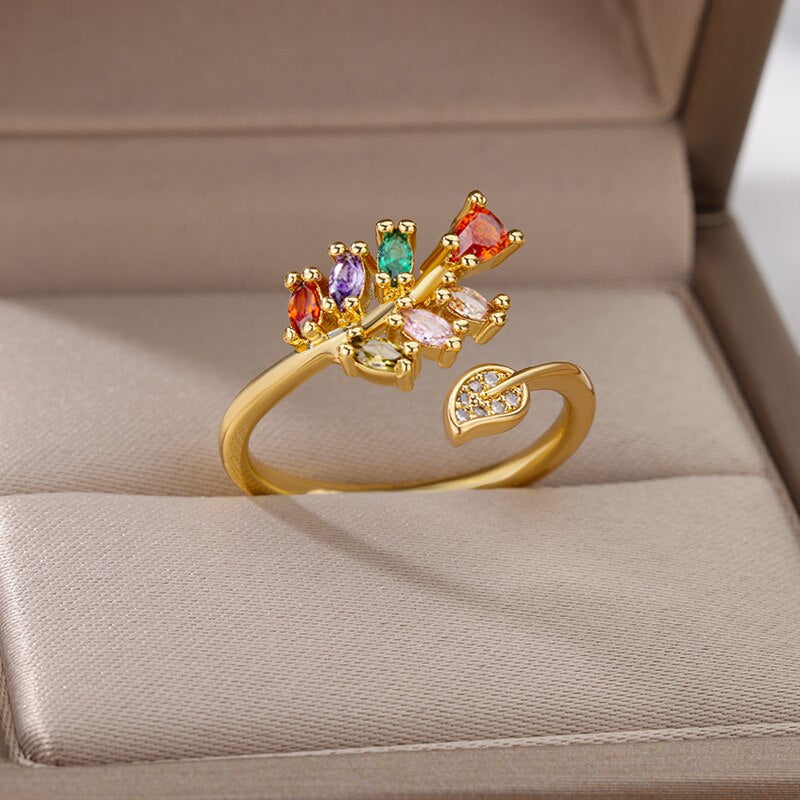 18-carat gold-plated adjustable ring with multicolored zircon flower