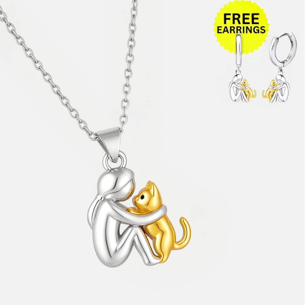 Cat Hug Pendant Necklace with Free Earrings – Limited Time Offer