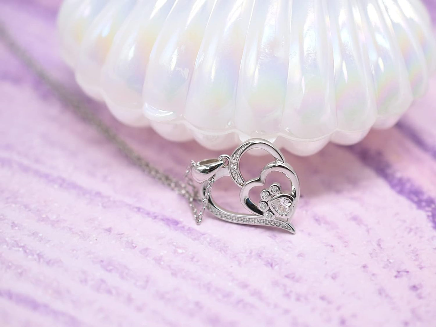 Sterling Silver Paw and Heart Necklace with Zirconia
