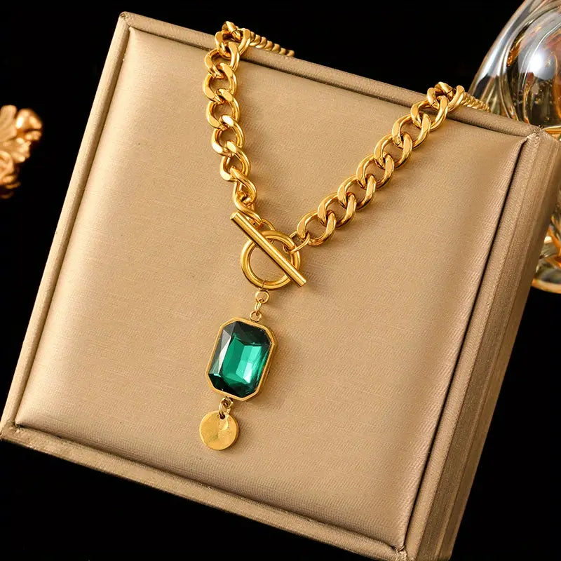 Thick Chain Emerald Pendant Necklace | Gold