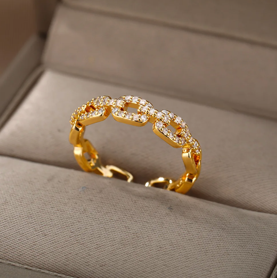 18-carat gold-plated love chain ring with rhinestones