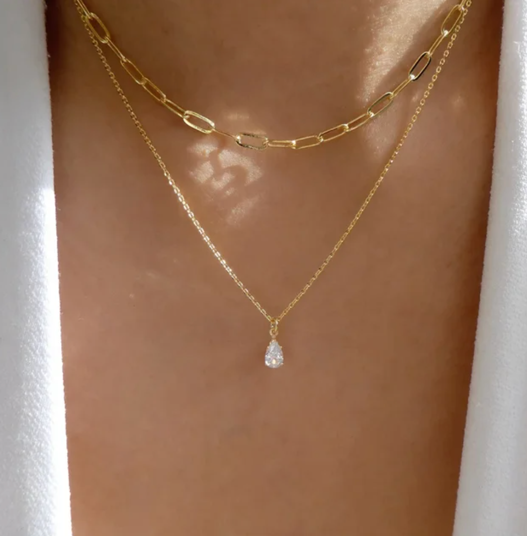 18-carat gold-plated double necklace with chain and rhinestones