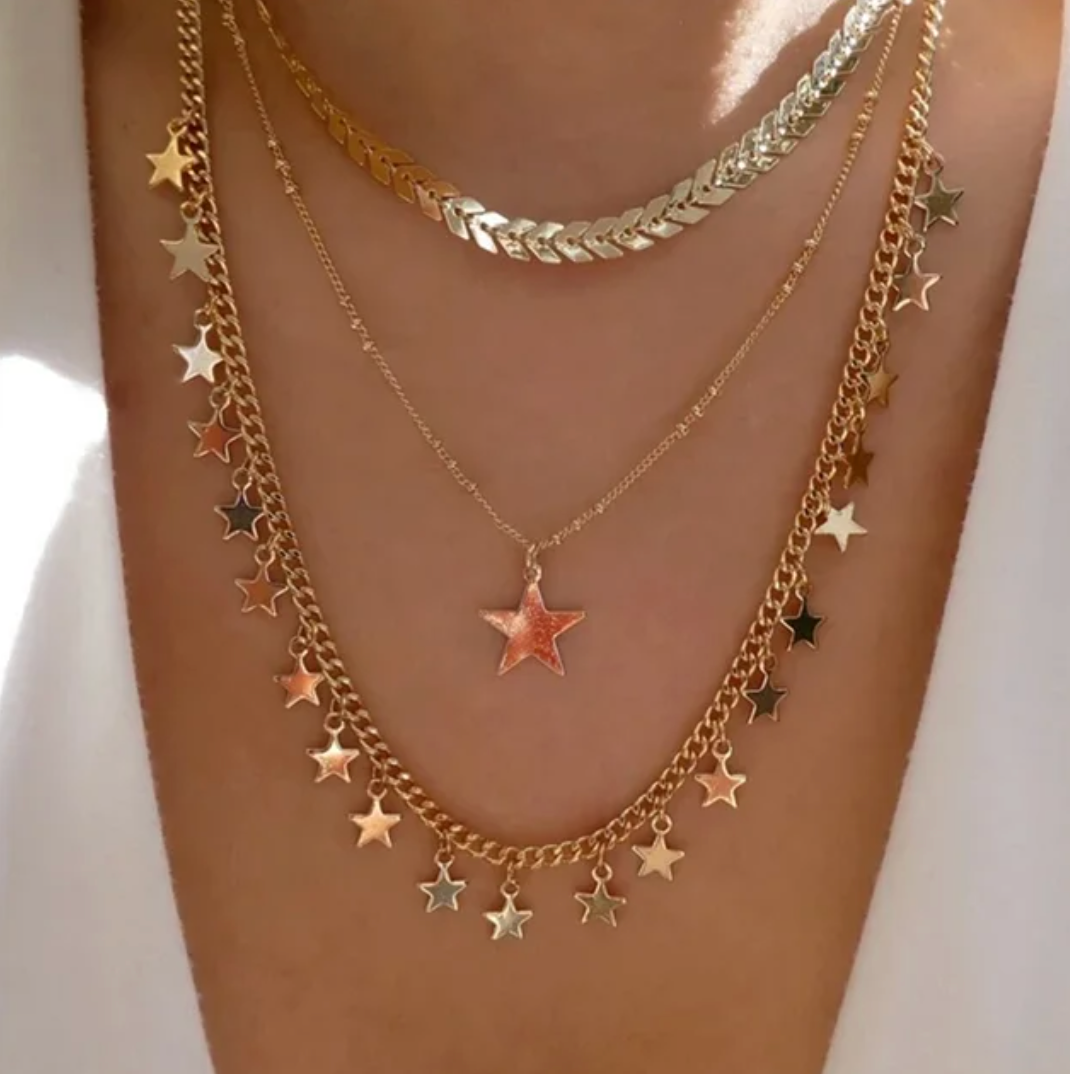 18-carat gold-plated triple necklace with choker and stars