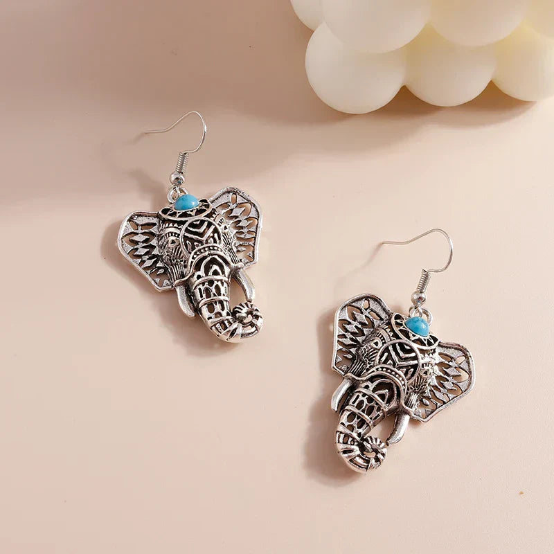 Vintage Silver Boho Elephant Tomettes Earrings