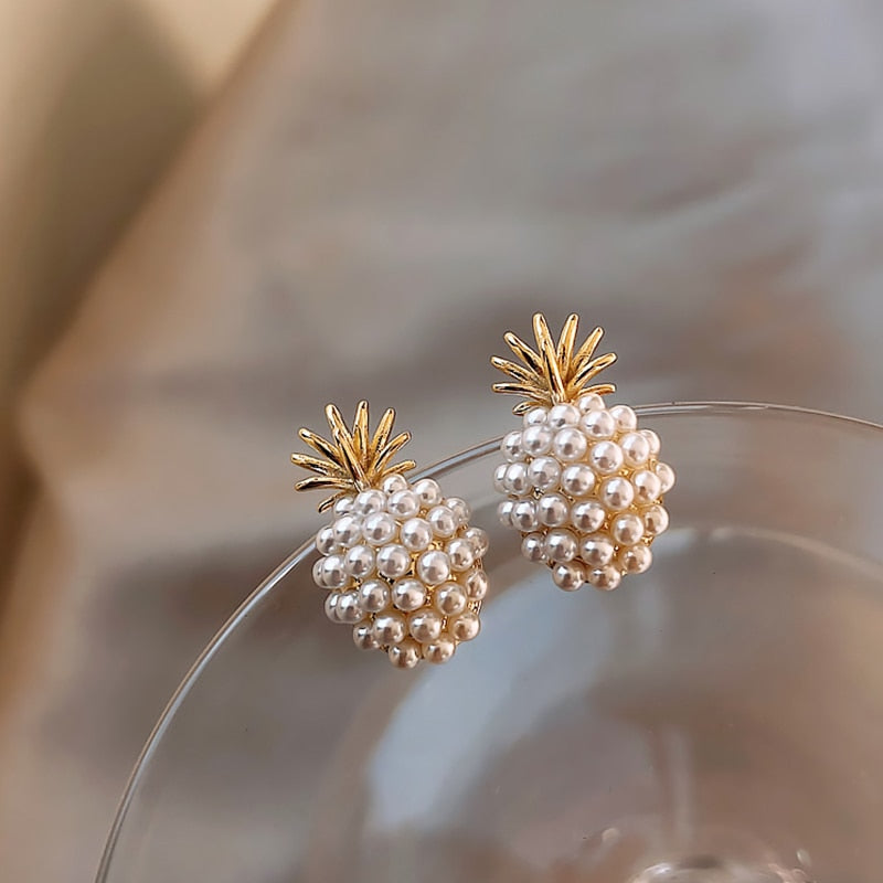 Tropical pineapple earrings with pearl inlay