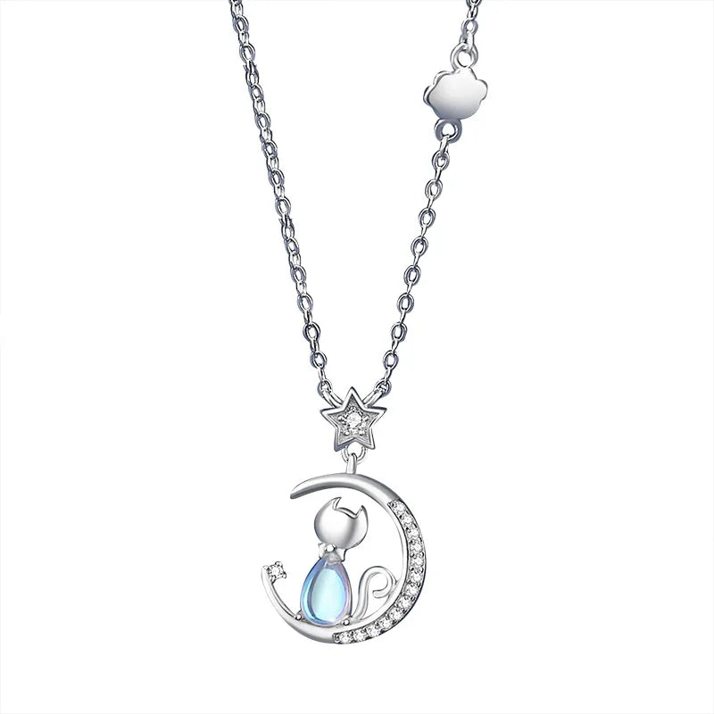 Sterling Silver Cat Moon Necklace
