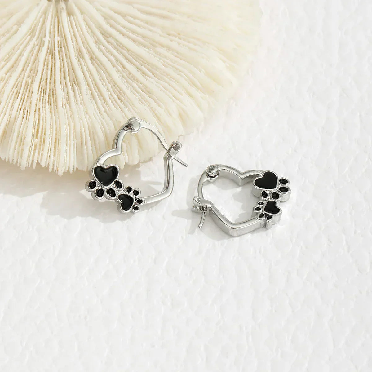 Paw Heart Huggie Earrings with Black Enamel