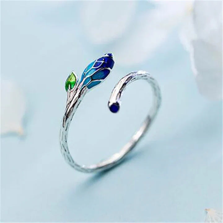 Adjustable Silver Blue Enamel Leaf Ring