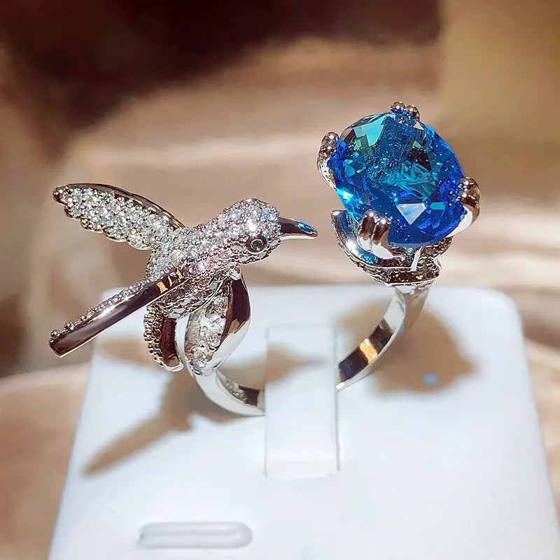 Hummingbird Gemstone Adjustable Ring – Zircon, 14K Gold Plated