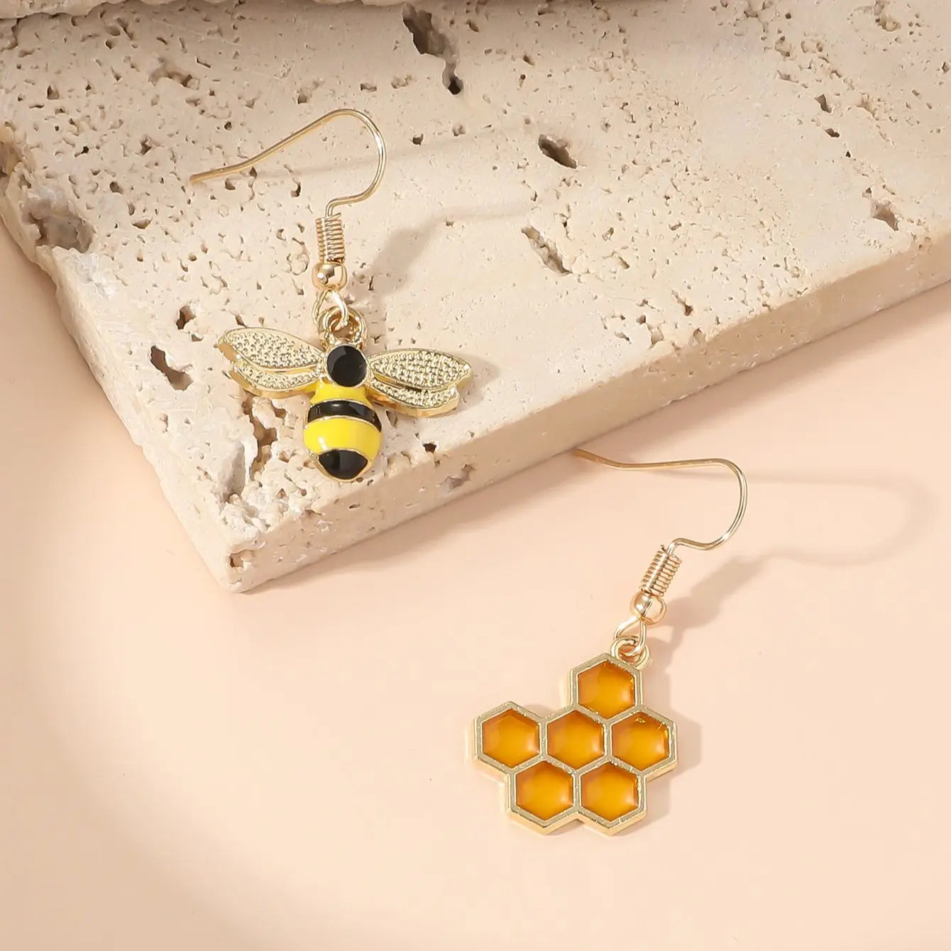 Gold Tone Hive and Bee Tomettes Earrings for Women
