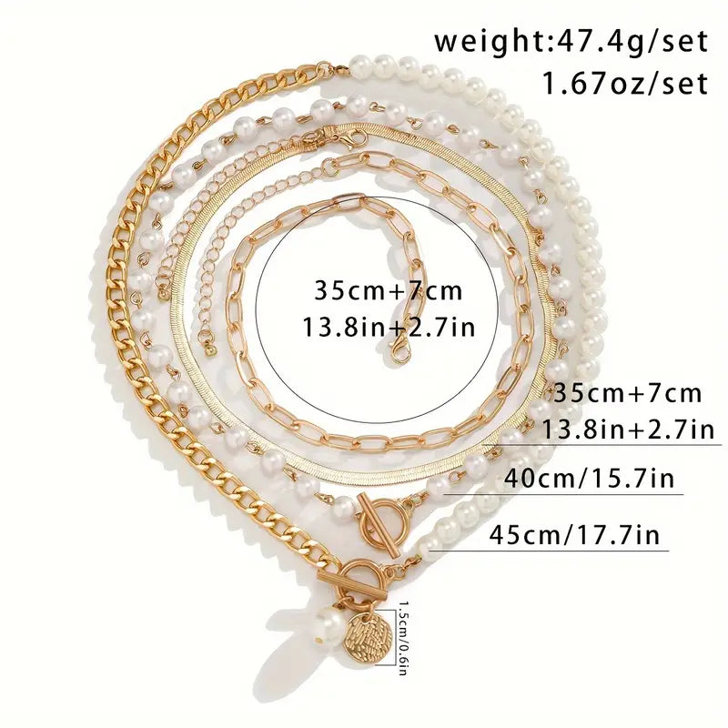 Vintage Pearl Snake Chain Necklace Set | Gold