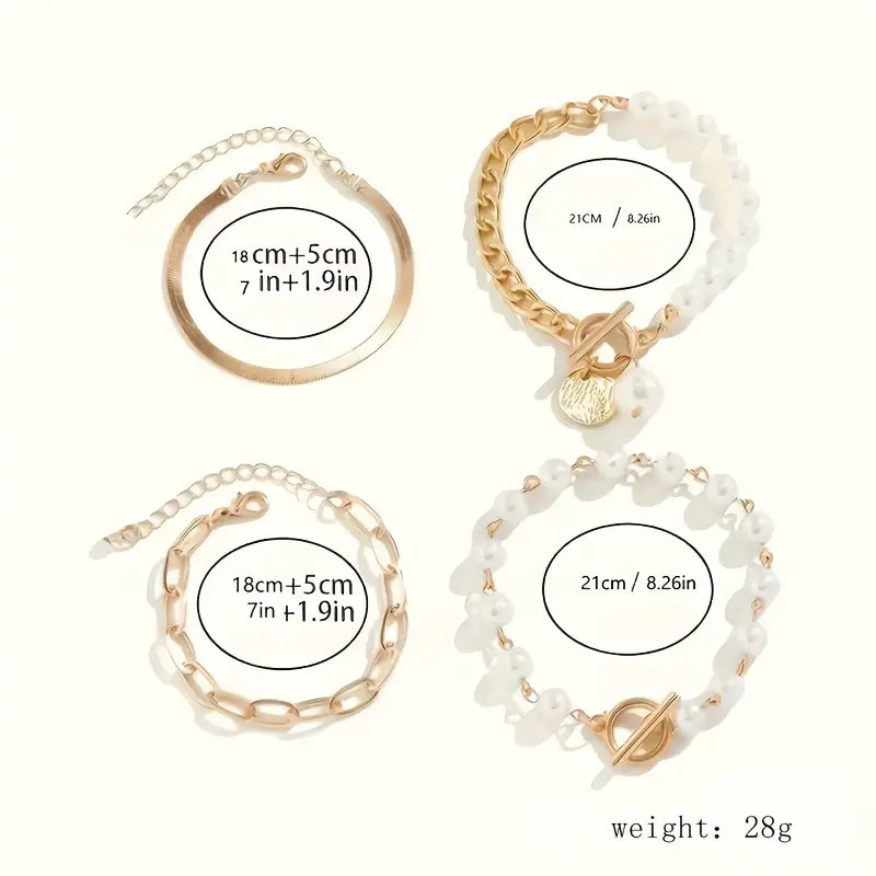 Chic Gold 4-piece Bracelet Set - Snake, Pearls and Links | Gold