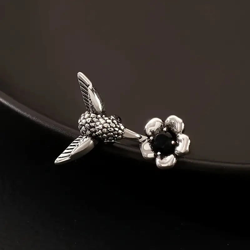 Hummingbird and Flower Ring – Adjustable Open Bird Ring for Women