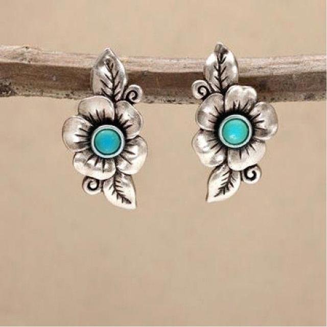 Boho Silver Blue Opal Flower Earrings