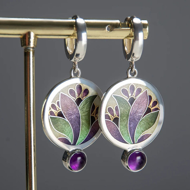 Bohemian silver earrings with purple crystals
