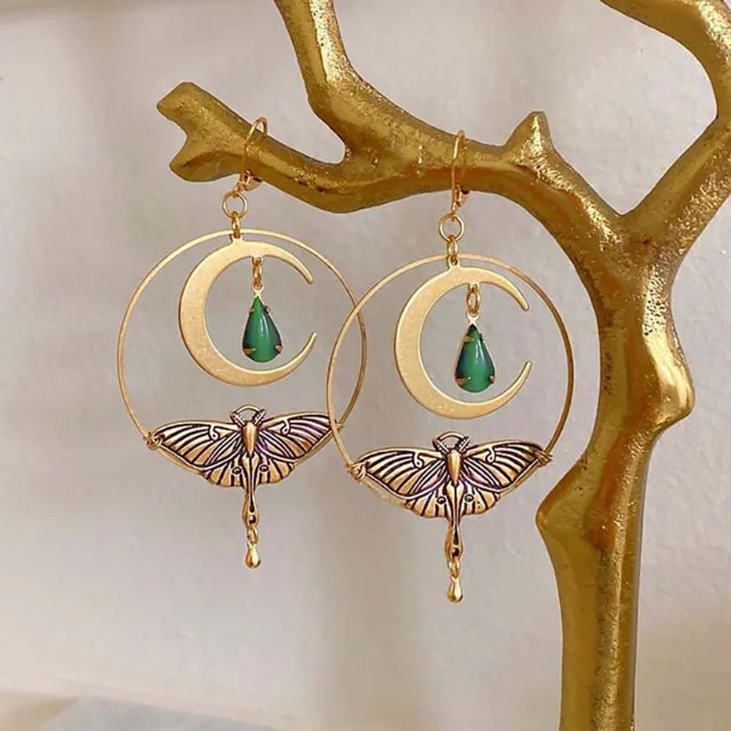Vintage Golden Dragonfly Moon Earrings