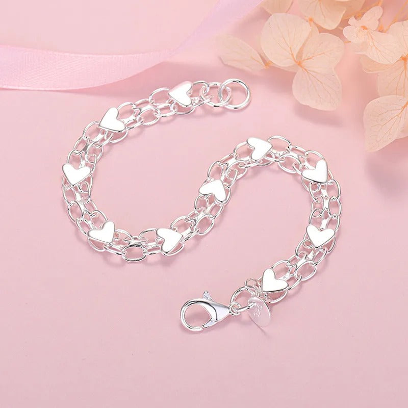 925 silver chain bracelet with hearts