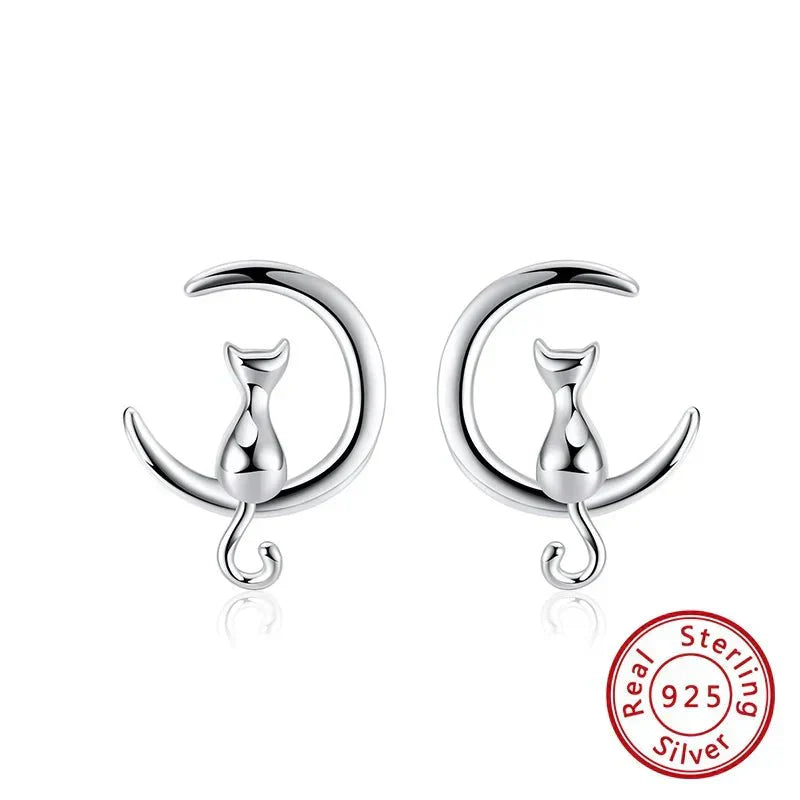 Fine Silver Cat Moon & Cat Earrings Sterling