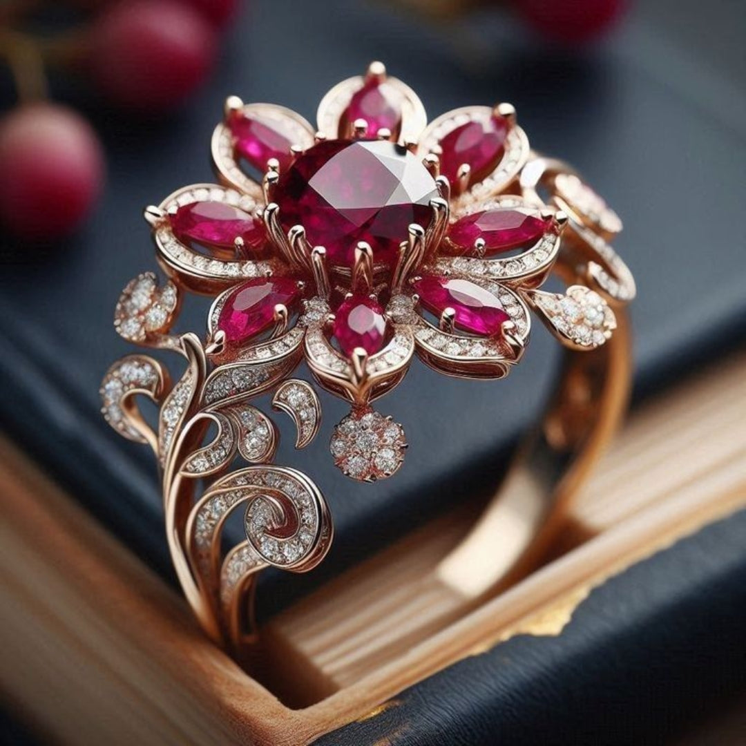 Gold Exotic Red Flower Ring