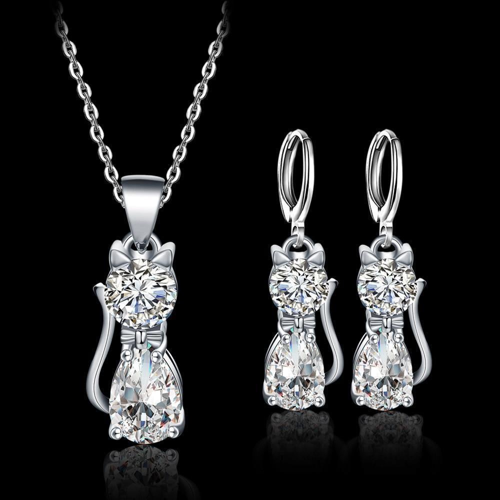 Happy Cats Necklace + Earrings Box Set in Sterling Silver and Polished White Zirconium
