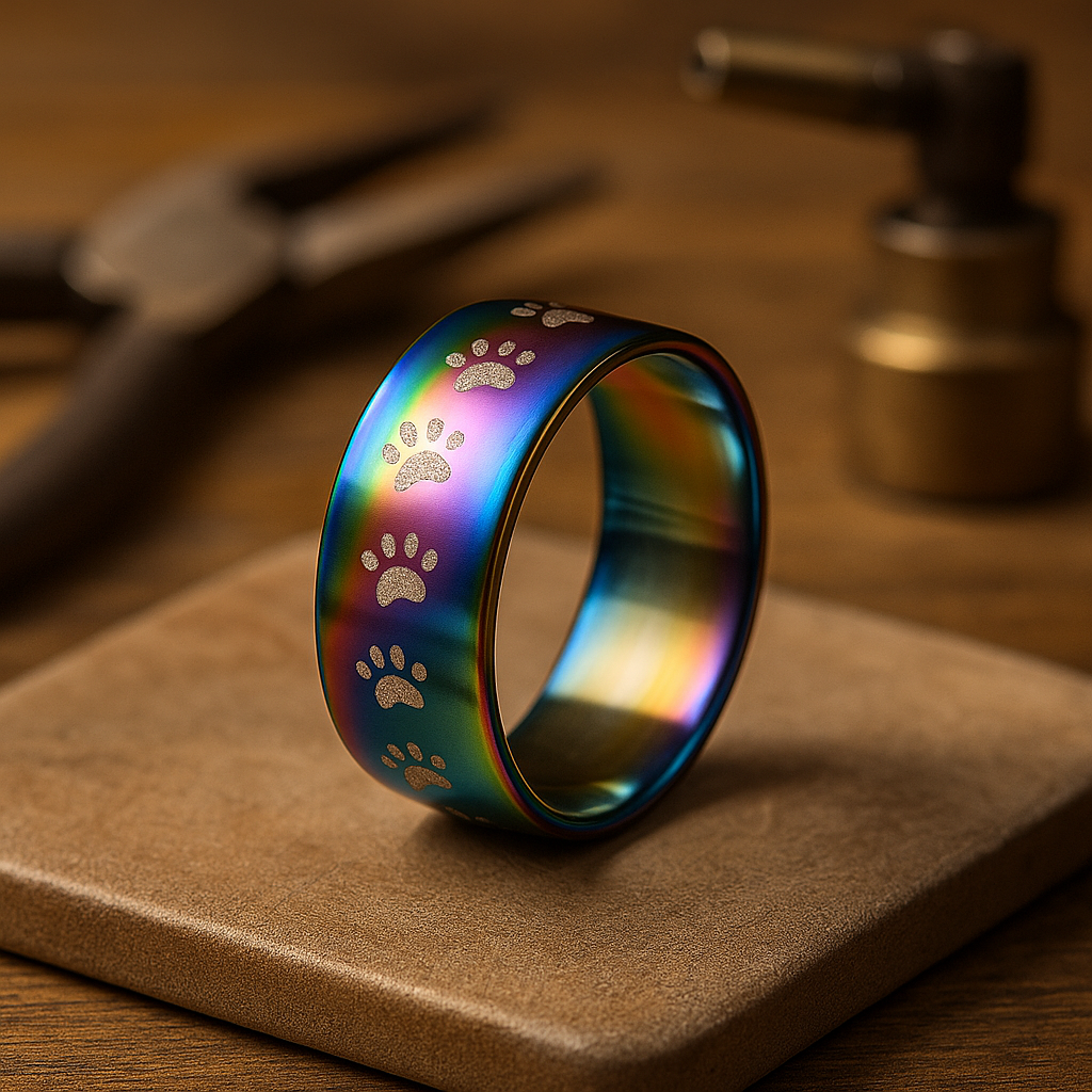 Handmade Rainbow Paw Print Ring in Stainless Steel