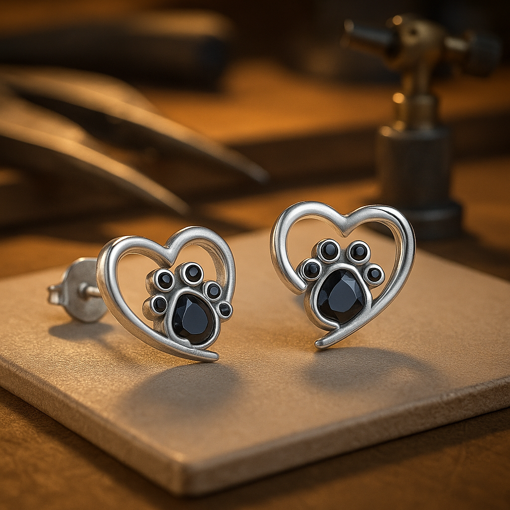 Fine Silver Heart Paw Earrings – With Black Enamel