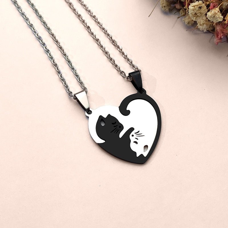 Black and White Yin Yang Cat Love Necklace