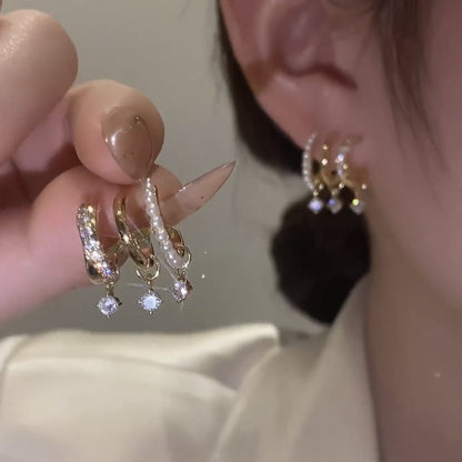 Zircon-inlaid layered earrings