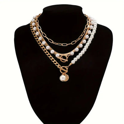 Vintage Pearl Snake Chain Necklace Set | Gold