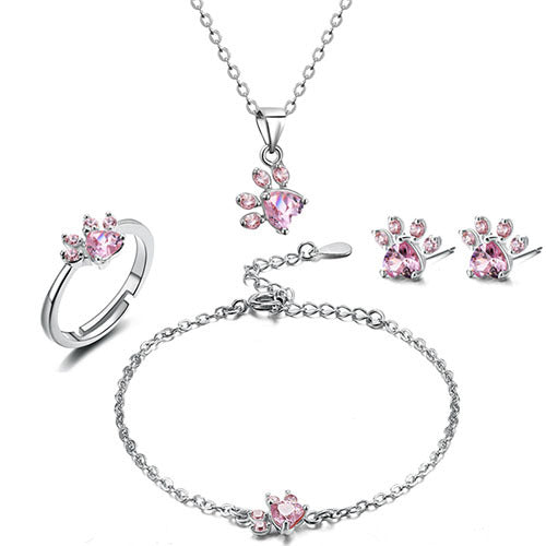 Rose Gold Paw Jewelry Box – 4-Piece with Zirconia Heart (Ring, Necklace, Earrings, Bracelet)