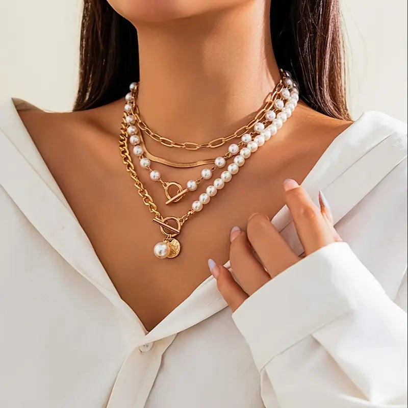 Vintage Pearl Snake Chain Necklace Set | Gold