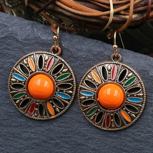 Vintage earrings with red coral and colorful enamel