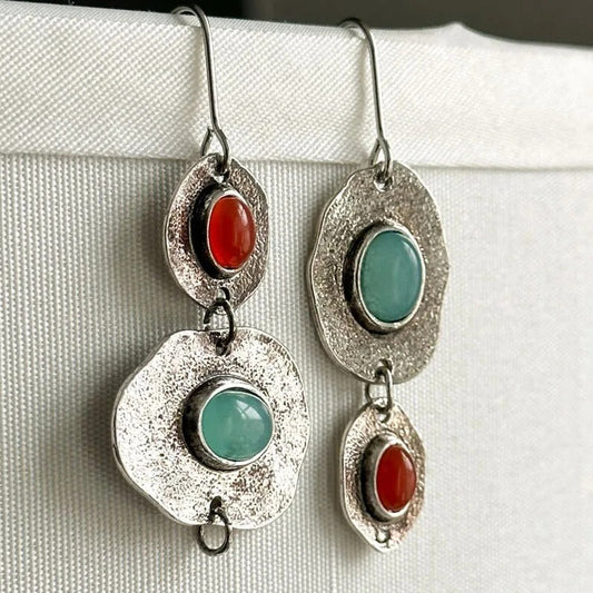 Vintage silver bohemian earrings with precious stone inlay