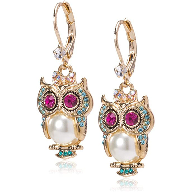 Vintage Crystal Owl Earrings – Gold Plated, Hand-Set Crystals and Pearl Detail