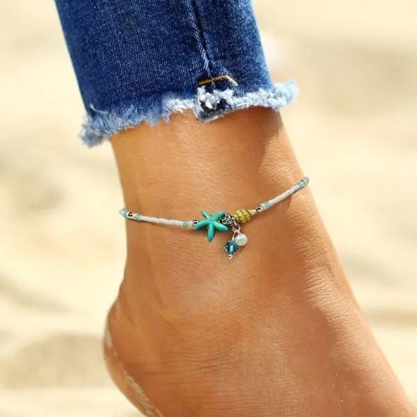 Star and seashell anklet with natural stones