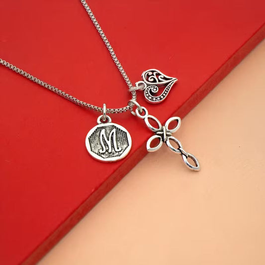 Initial Letter Heart & Cross Necklace