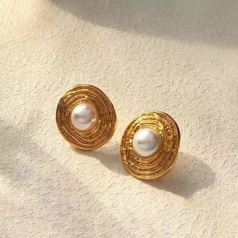 Vintage circular earrings with baroque freshwater pearls and 18K gold plating
