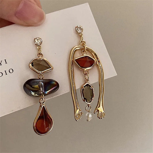 Vintage 18K gold-plated humanoid drop earrings