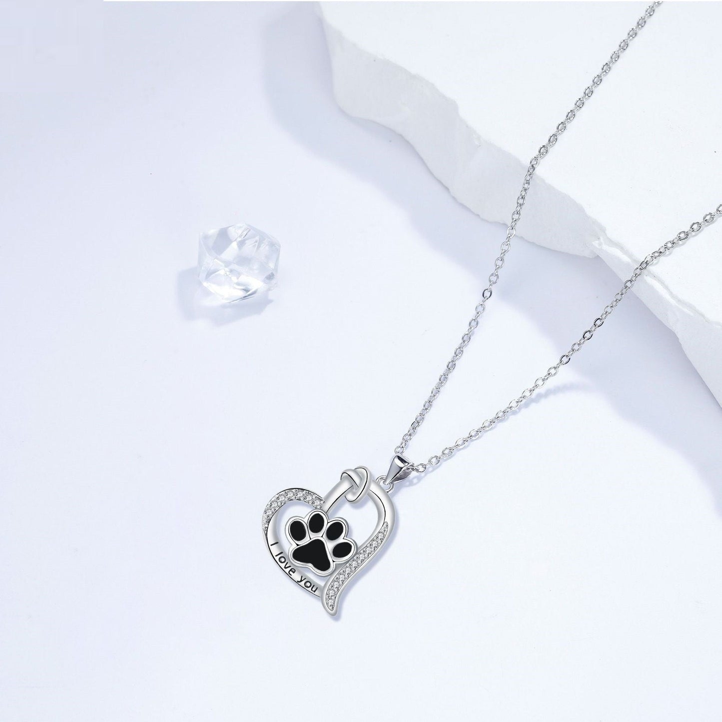 Dog Paw Print Heart Necklace with Zirconia