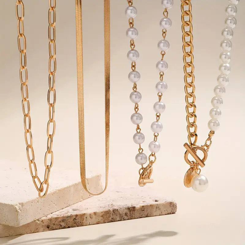 Vintage Pearl Snake Chain Necklace Set | Gold
