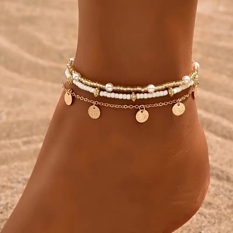 Coastal Charm 3-piece Layered Anklet Bracelet Set | Gold