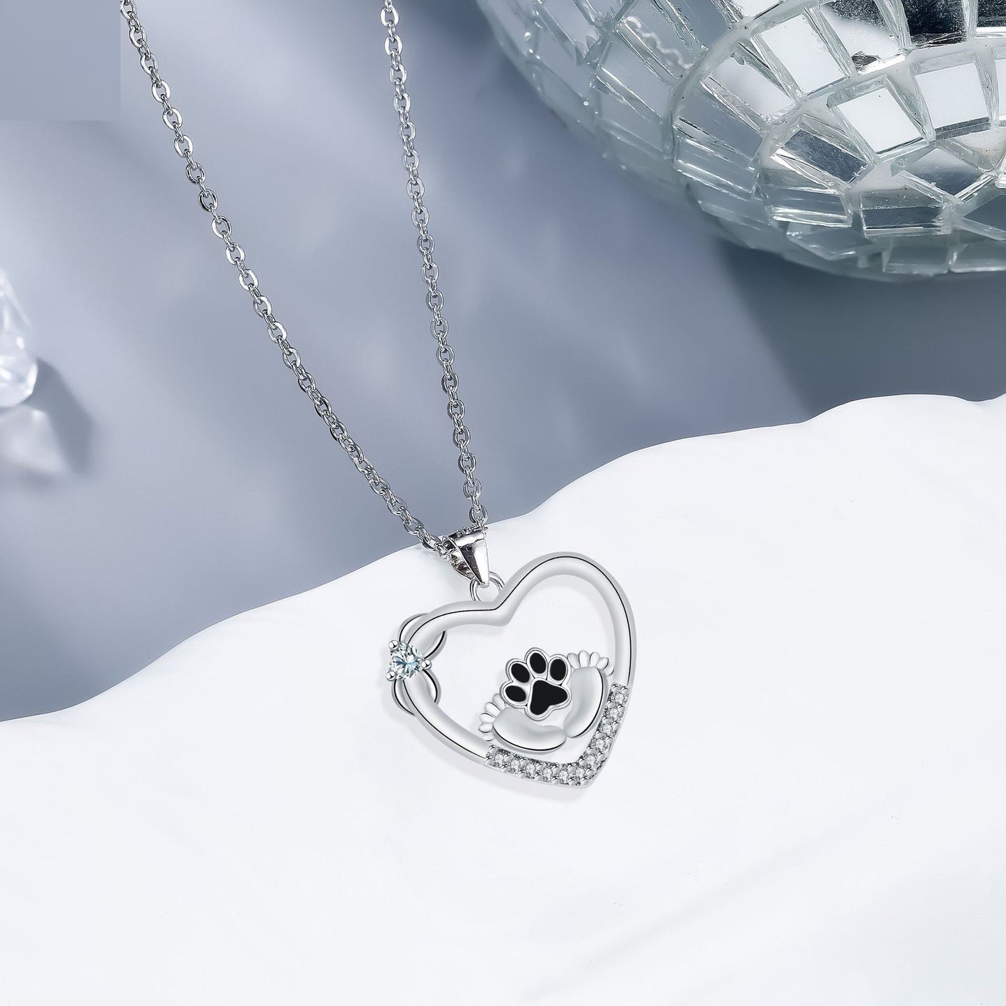Small Paw Print Dog Paw and Zirconia Necklace