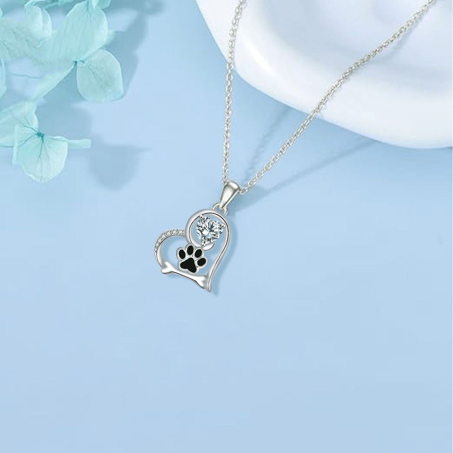 Handmade Dog Bone and Paw Print with Zirconia Necklace