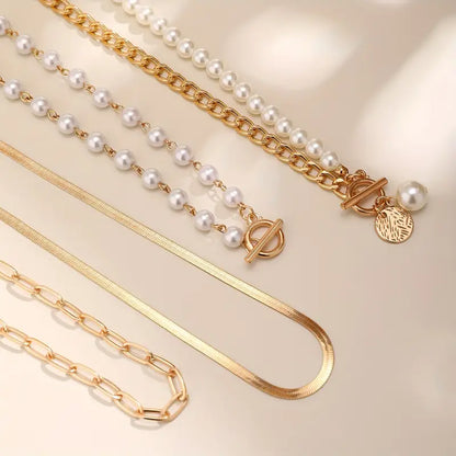 Vintage Pearl Snake Chain Necklace Set | Gold
