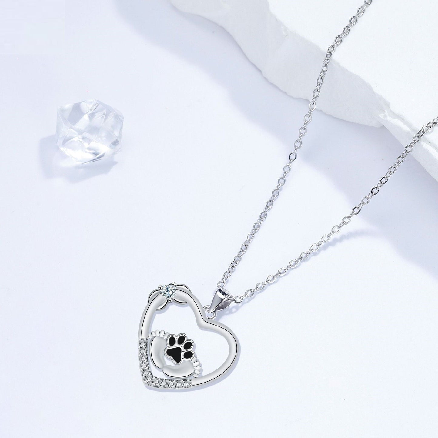 Small Paw Print Dog Paw and Zirconia Necklace