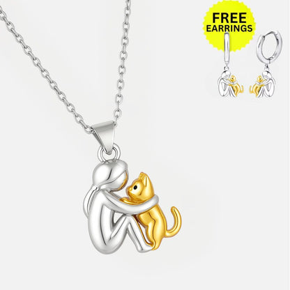 Cat Hug Pendant Necklace with Free Earrings – Limited Time Offer