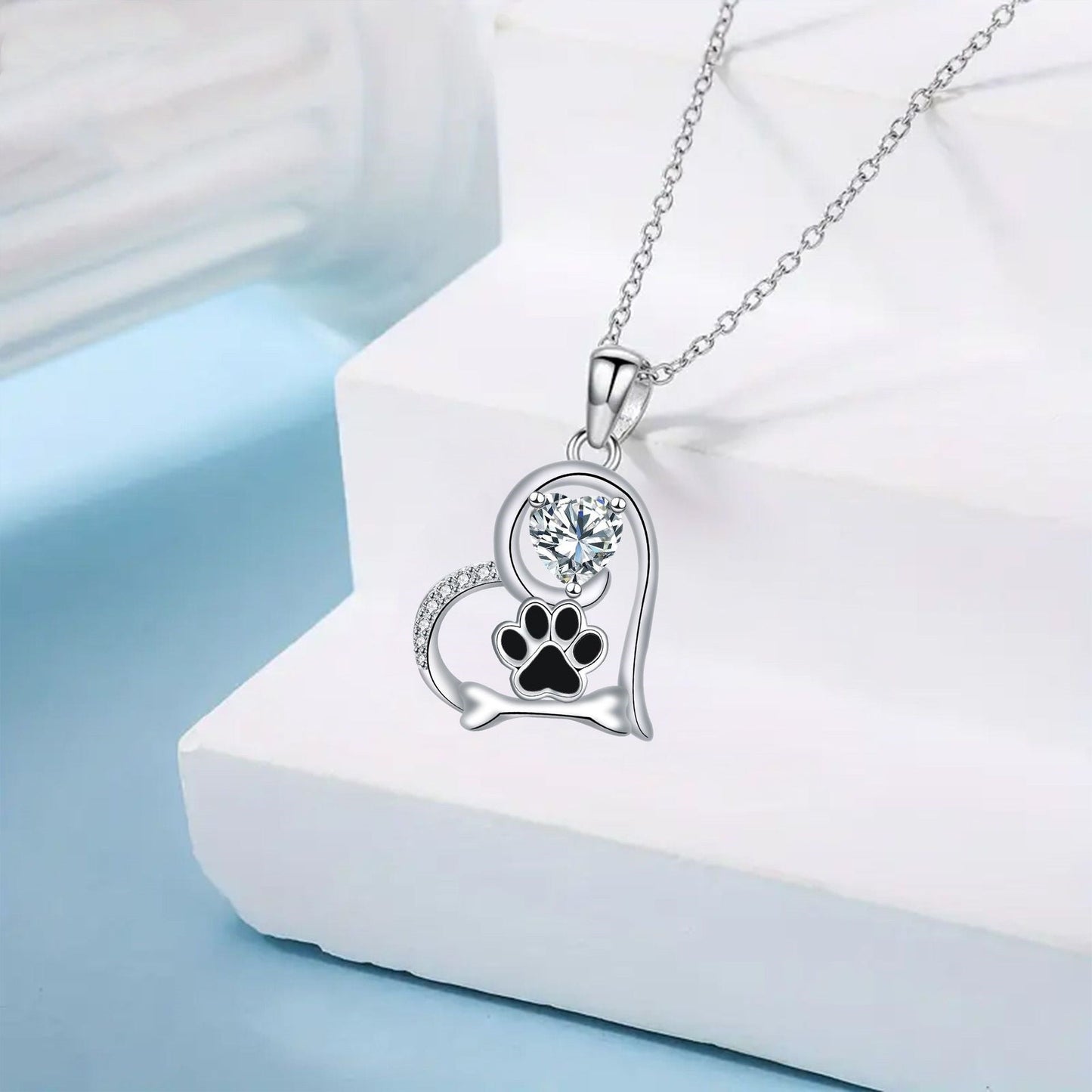Handmade Dog Bone and Paw Print with Zirconia Necklace