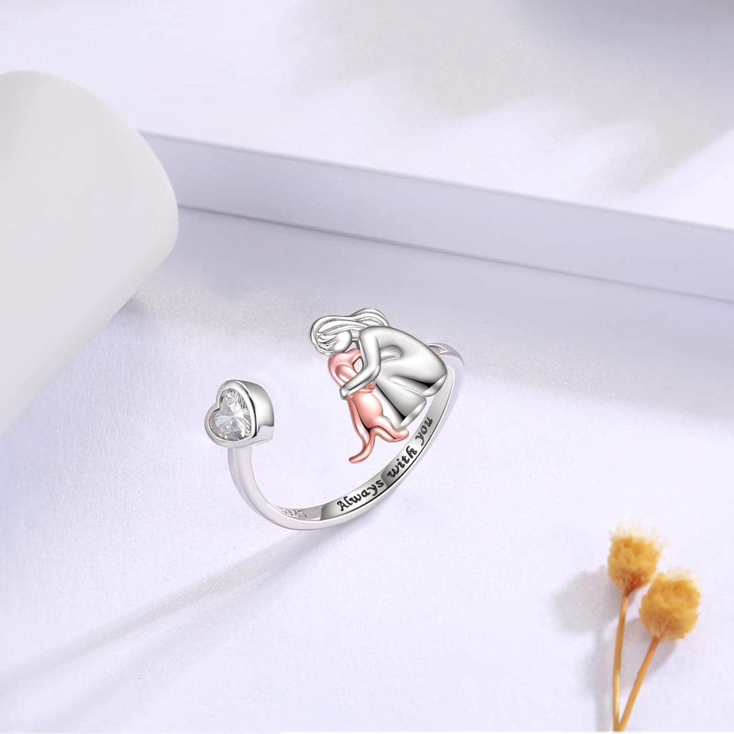 Adjustable 925 Sterling Silver Dog Ring – 'Always in My Heart' with Zirconia