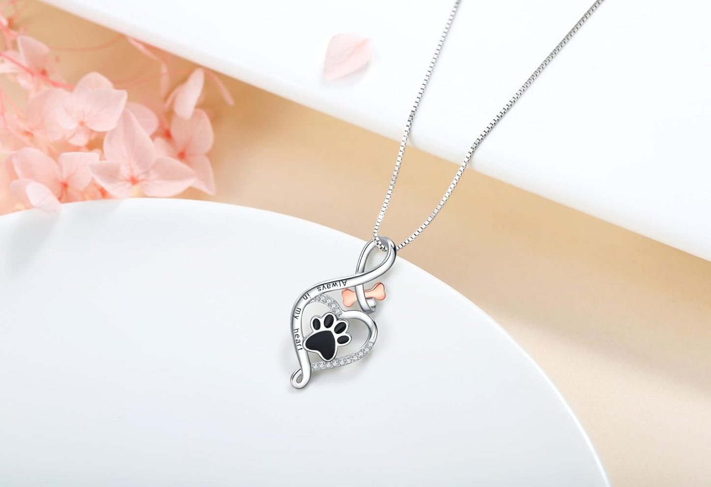 Lucky Paw Necklace with Heart, Bone and Infinity – 'Always in My Heart' Pendant