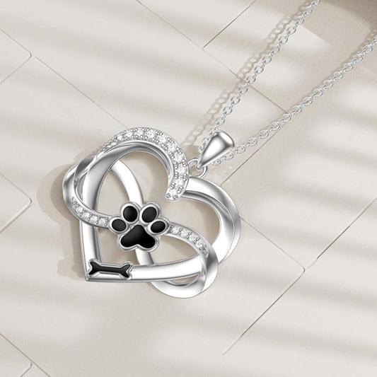 Infinity Heart and Paw 925 Sterling Silver Necklace with Zirconia